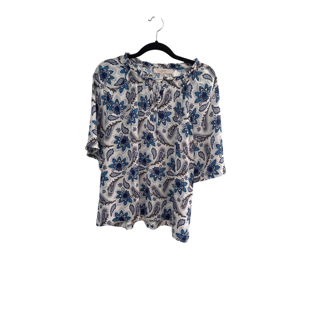 LOFT Women's Blouse Large Blue Floral Paisley Print Short Sleeve Top NWT